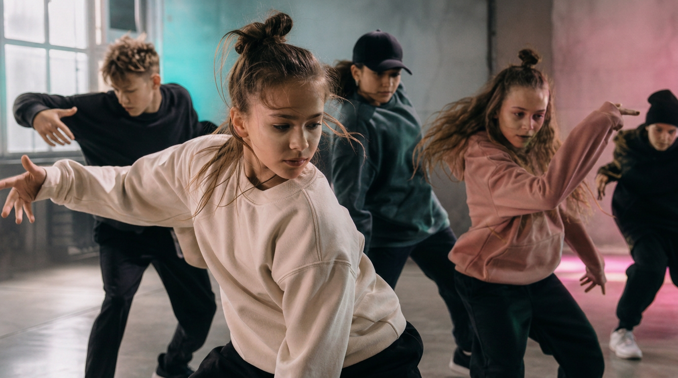 Mladí tanečníci Dance Clinic Prague v pohybu v tanečním sále